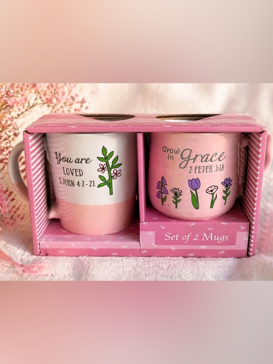 None Other - Set of 2 Pink Floral Mugs - Inspirational Scriptures